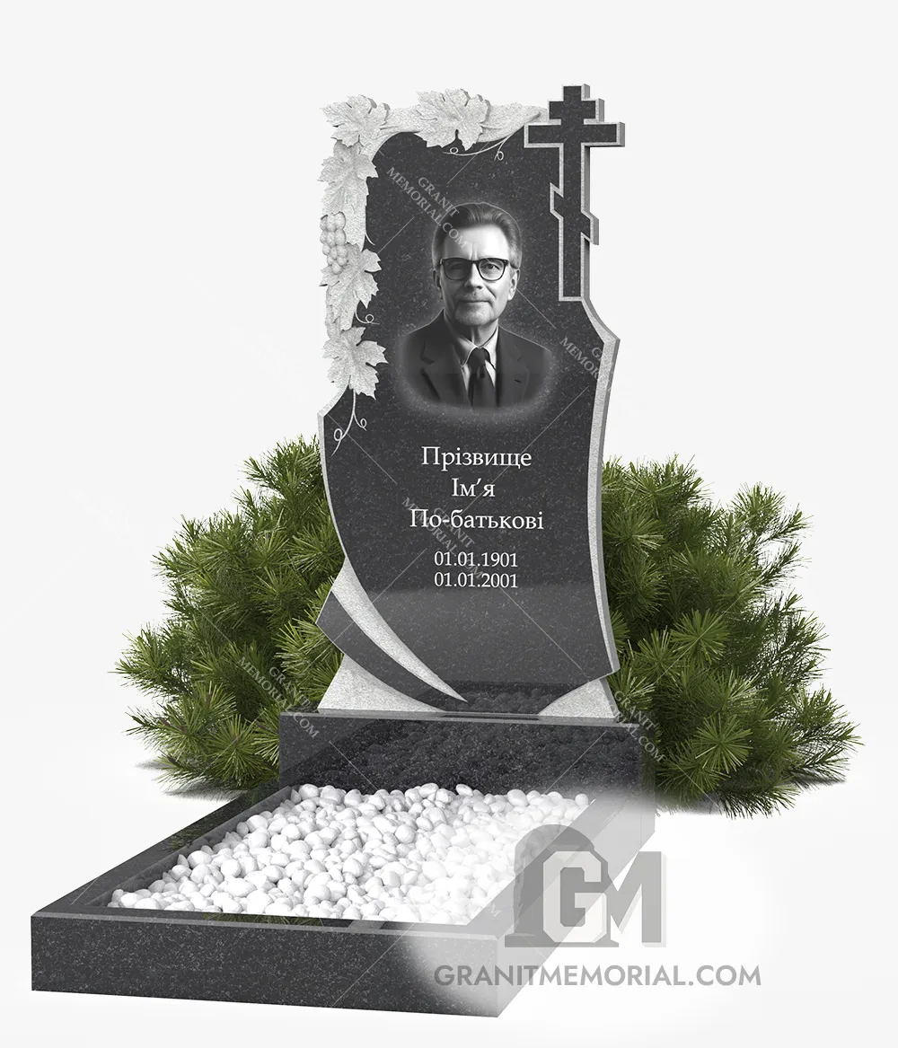 Памятник гранитный с боковой резьбой и крестом