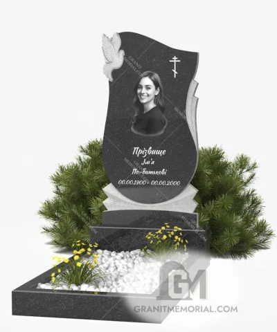 Гранитный памятник с голубем и многослойной стелой
