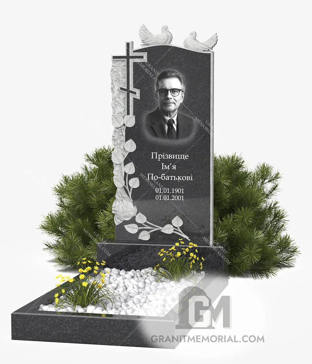 klassicheskij-pamjatnik-1-1-PT032 Памятник с резным крестом и голубями